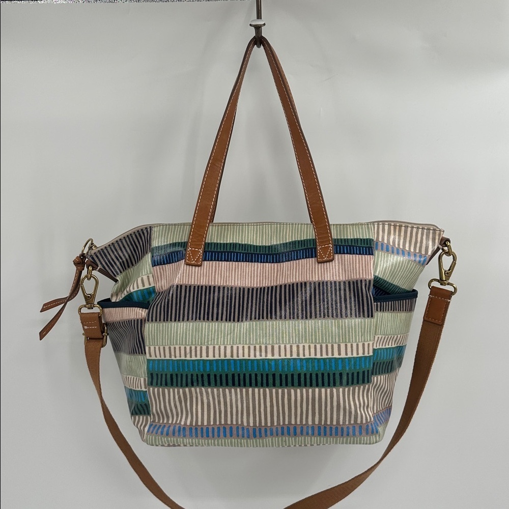 Fossil Vinyl Striped Large Tote Bag with Tan Leather Straps